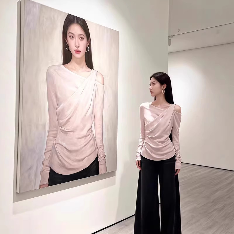 한 부서 오프숄더 페이크 레이어드 긴팔 티셔츠 여성 2026 봄 새로운 빅 사이즈 지방 mm 몸매 가꾸기 허리 수축 만나는 맨위