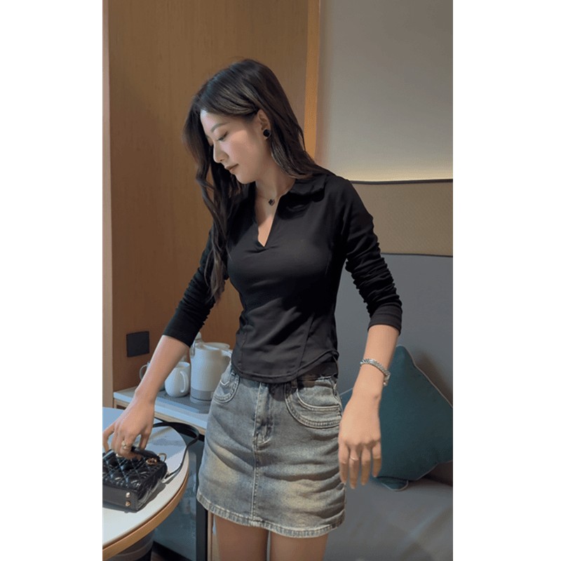 긴팔 생선뼈 허리 수축 다용도 티셔츠 2026 봄 새로운 긍정적 인 어깨 디자인 센스 POLO 칼라 맨위 몸매 가꾸기 순수한 욕망