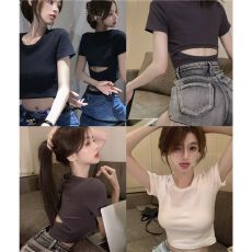 批发<b class='q'>韩版</b> 短款上衣女夏季性感辣妹风露背纯色短袖t恤女