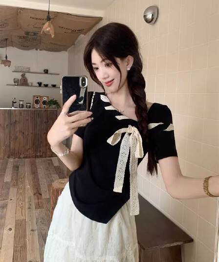 비스듬한 어깨 티셔츠 여름 외출용 품격 고유 한 맨위 슬림해 보이는 허리 수축 불규칙 디자인 센스 프랑스식 몸매 가꾸기 반팔