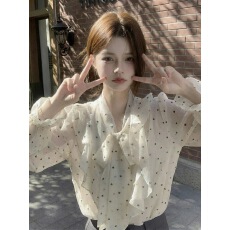 批发荷叶边波点衬衫女2026春秋夏季T恤女秋夏季韩系蝴蝶结高级感上衣