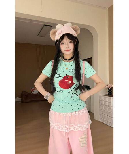 40 210 그램 빗질하다 92 면 8 암모니아 Lun 이후 패키지 칼라 몸매 가꾸기 긍정적 인 어깨 반팔 티셔츠 여성 여름 도트 무늬
