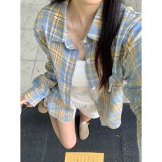 批发原版做法 两个口袋多巴胺甜美奶黄色纯棉<b class='q'>格子衬衫</b>女