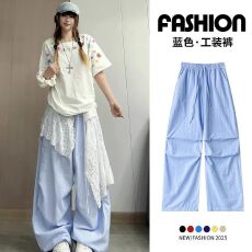 批发蓝色条纹工装裤女夏季2026新款高腰垂感宽松显瘦<b class='q'>休闲</b>伞兵阔腿裤子