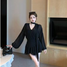 批发黑色飘带交叉v领长袖连衣裙女春秋气质雪纺<b class='q'>短裙</b>名媛御姐风a字裙子