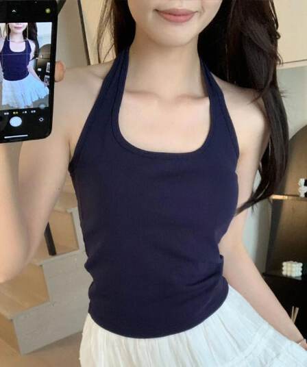 여름 순수한 욕망 캐미솔 외출용 고급 허리 수축 슬림해 보이는 자오 이슬 생각하기 작은 맨위 아름다움 뒤로 캐주얼 폭발