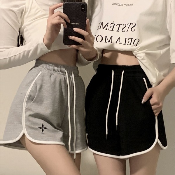 RY3294# 美式松紧腰休闲a字阔腿热裤卫裤运动外穿短裤女宽松刺绣显瘦时尚