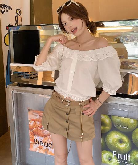 프랑스식 낭만주의 자카드 오프숄더 둘 착용 반팔 여성 셔츠 여름 새로운 품격 레이스 몸매 가꾸기 맨위