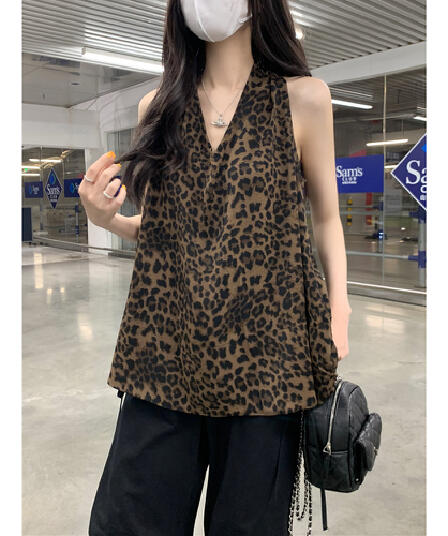 평직 공단 레트로 레오파드 무늬 행침 목 조끼 여성 새로운 핫걸 바람 품격 V넥 슬립 맨위