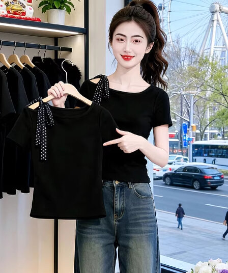 디자인 센스 작은 대중 도트 무늬 스트랩 반팔 티셔츠 여성 올해 인기 폭발 비스듬한 칼라 오프숄더 몸매 가꾸기 슬림해 보이는 맨위