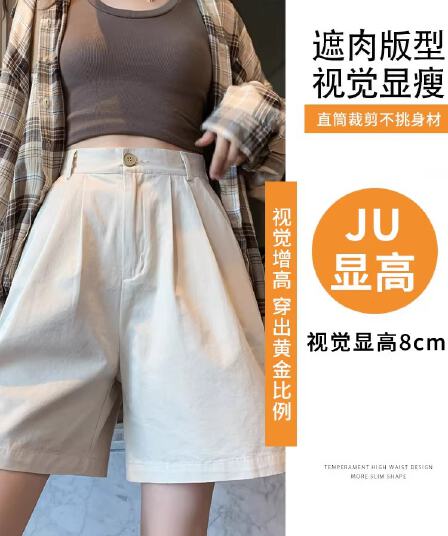 면 100% 테두리 빅 사이즈 워크웨어 반바지 여성 여름 얇은 스타일 한 마디 넓은 다리 루즈핏 지방 mm 캐주얼 오부 바지 아메리칸