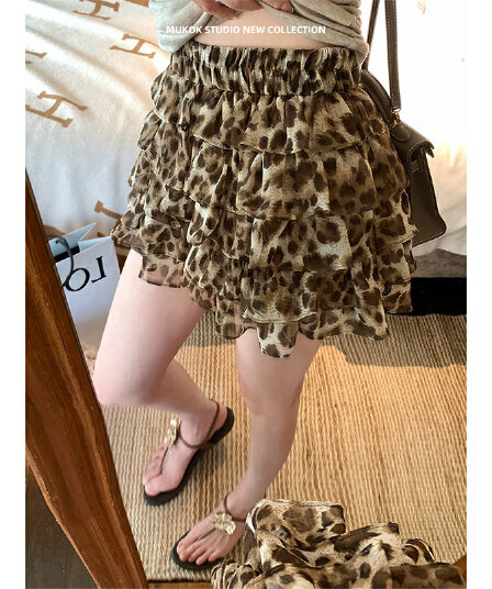 레오파드 무늬 프릴 케이크 반신 스커트 여성 여름 아메리칸 핫걸 바람 하이웨이스트 한 마디 미니 스커트 작은 키 연령 감소 다용도
