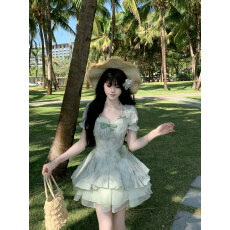 批发Blovelan青柠冰椰 小清新蕾丝泡泡袖<b class='q'>提花</b>收腰少女公主蓬蓬<b class='q'>连衣裙</b>