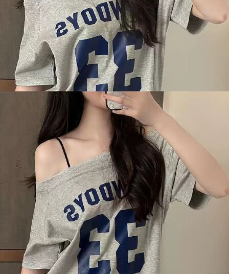 40 순면 220 그램 92 면 8 암모니아 Lun 비스듬한 칼라 오프숄더 오프숄더 반팔 티셔츠 여성 프린트
