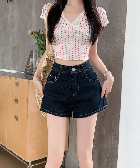 실사 진한 파란색 데님 반바지 여성 여름 얇은 스타일 배 종류 몸 슬림해 보이는 하이웨이스트 한 마디 넓은 다리 핫 바지