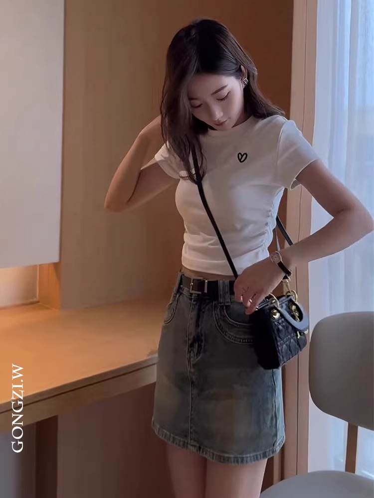 경관 그림 40 순면 210 그램 92 면 8 암모니아 Lun 주름 허리 수축 반팔 긍정적 인 어깨 자수