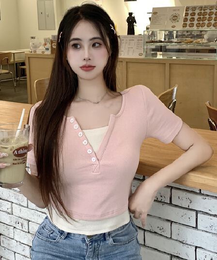 실사 40 순면 210 그램 92 면 8 암모니아 Lun 반팔 티셔츠 여성 가짜 두 조각