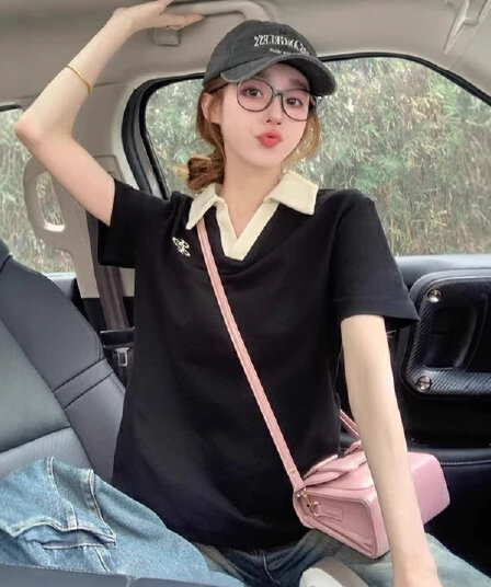 2026 봄 여름 새로운 250그램 6535 코튼 비즈 그라운드 POLO 칼라 반팔 티셔츠 여성 자수