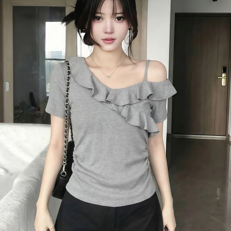 260 그램 사람들 면 회색 고급 센스 프릴 비스듬한 어깨 반팔 티셔츠 여성 여름 핫걸 오프숄더 아름다운 맨위