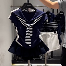 批发韩系一整套休闲<b class='q'>运动服</b>套装女夏季披肩海军领T恤+云朵蓬蓬裙三件套