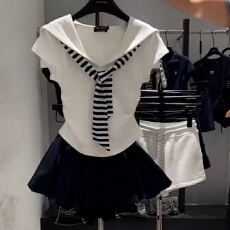 批发韩系一整套休闲<b class='q'>运动服</b>套装女夏季披肩海军领T恤+云朵蓬蓬裙三件套