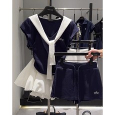 批发夏季收腰显瘦上衣撞色V领海军风假两件披肩T恤高腰短裙<b class='q'>裤</b>套<b class='q'>装</b>女