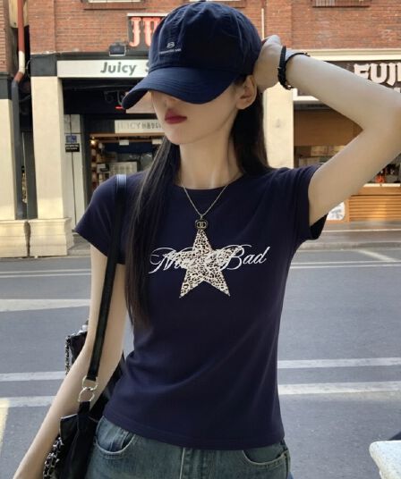 아메리칸 핫걸 레오파드 무늬 펜타곤 별 프린트 해군 반팔 티셔츠 여성 여름 몸매 가꾸기 슬림해 보이는 고급 센스 맨위