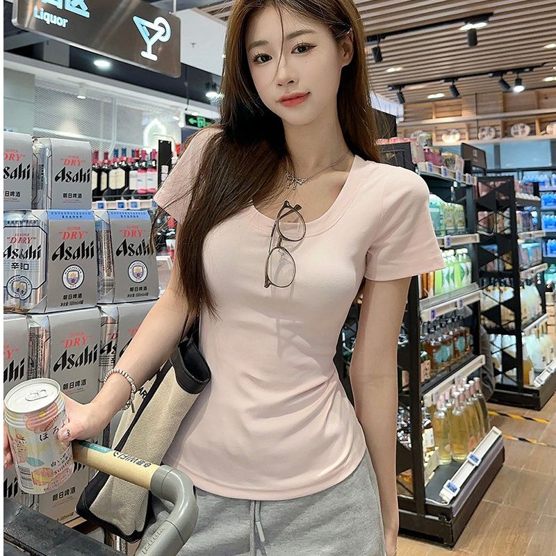 2026 여름 새로운 u 칼라 인사이드 가져 가라. 기본 셔츠 몸매 가꾸기 순수한 욕망 바람 반팔 맨위 티셔츠 여성 짧은 디자인 센스 t