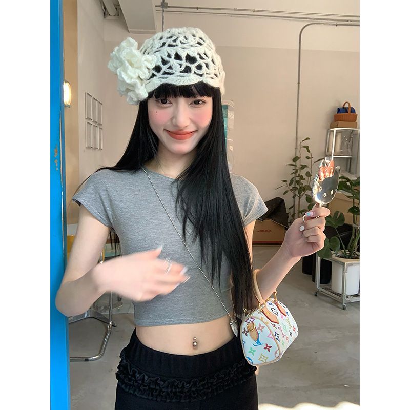 다용도 허리 수축 쇼트 스타일 타이트 핫걸 반팔 티셔츠 여성 의류 2026 여름 레트로 Chic 이슬 뼈의 맨위 ins 트렌디