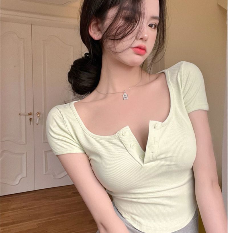 도파민 순수한 욕망 몸매 가꾸기 타이트 하이웨이스트 이슬 뼈의 섹시함 화이트 반팔 티셔츠 핫걸 쇼트 스타일 맨위 기본 셔츠
