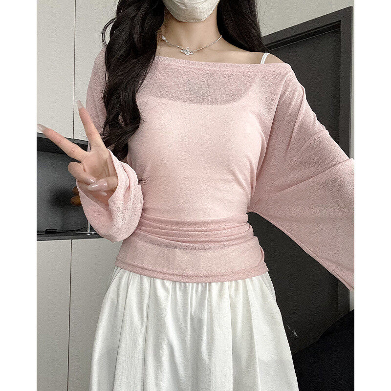 핫걸 바람 핑크색 긴팔 자외선 차단 블라우스 여성 여름 루즈핏 외부 가져 가라. 마이크로 ~을 통해 에어컨 티셔츠 허리 수축 오프숄더 맨위