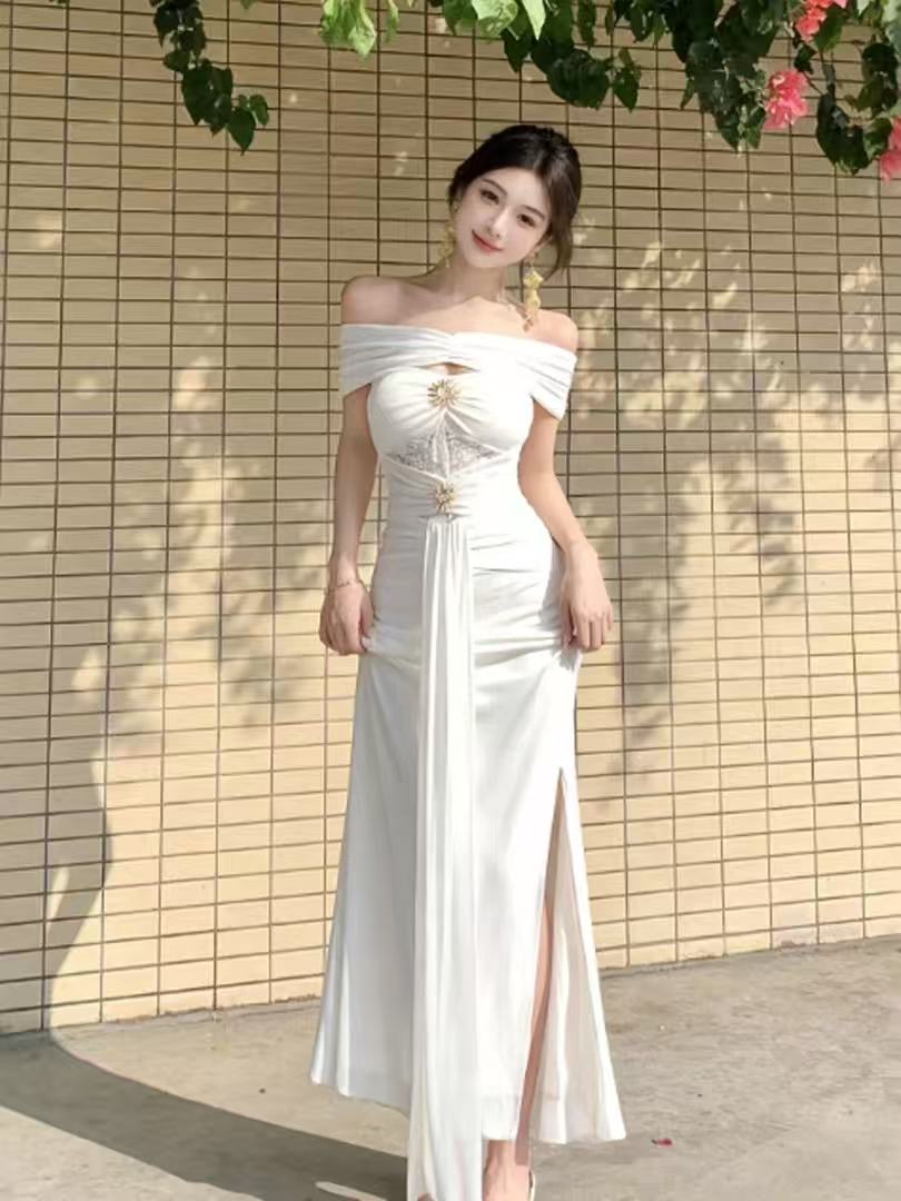오프숄더 여성 드레스 고급 센스 예복 치마 섹시함 순수한 욕망 바람 허리 수축 타이트 스커트 휴가 인어 꼬리 롱 스커트