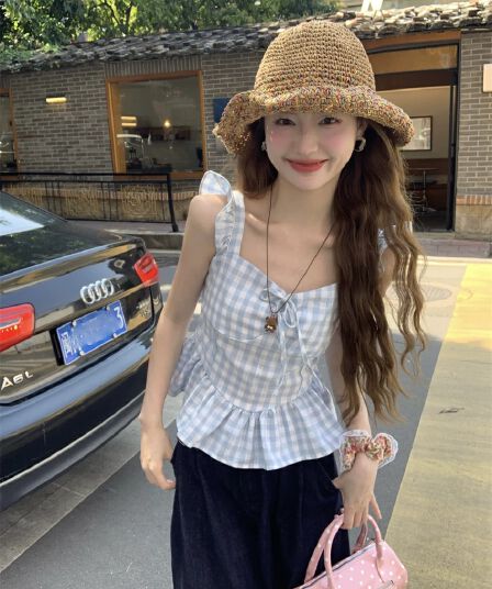 kumikumi 달콤한 스타일 파란색 체크무늬 작은 날다 소매 조끼 여성 의류 여름 Chic 연령 감소 슬림해 보이는 새로운 맨위