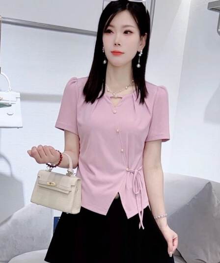 40 92 면 반팔 티셔츠 여성 여름 새로운 불규칙 연령 감소 디스플레이 얇은 다용도 외국 가스 맨위 빅 사이즈