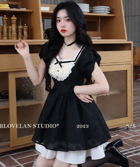 blovelan 캐러멜 밤나무 프랑스식 공주 드레스 고급 센스 광장 칼라 검정색 하이웨이스트 여성 드레스 여름 새로운