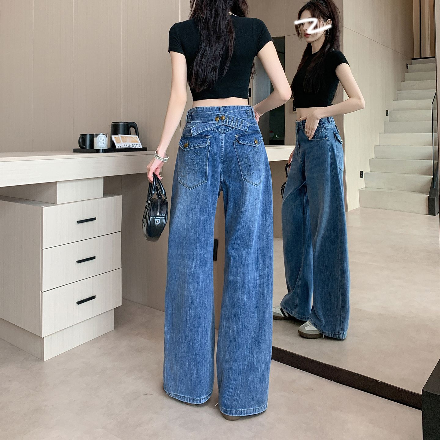 아메리칸 레트로 수직 곡물 스트레이트 청바지 여성 여름 새로운 루즈핏 슬림해 보이는 와이드 레그 팬츠 어린이