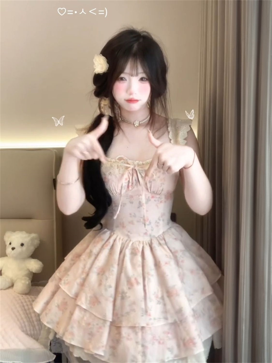 원본 품질 프랑스식 레트로 작은 날다 소매 레이스 싸움 꽃무늬 허리 수축 드레스 허리 수축 슬림해 보이는 공주 드레스