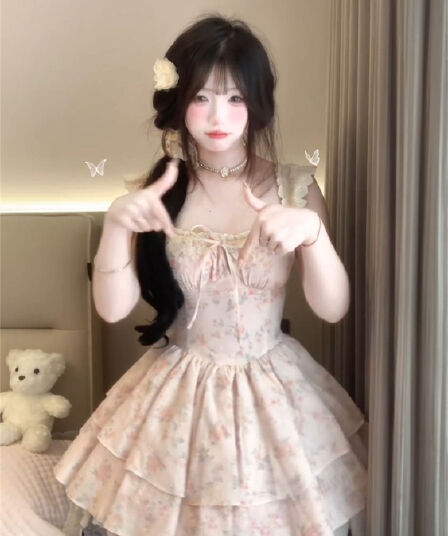 원본 품질 프랑스식 레트로 작은 날다 소매 레이스 싸움 꽃무늬 허리 수축 드레스 허리 수축 슬림해 보이는 공주 드레스