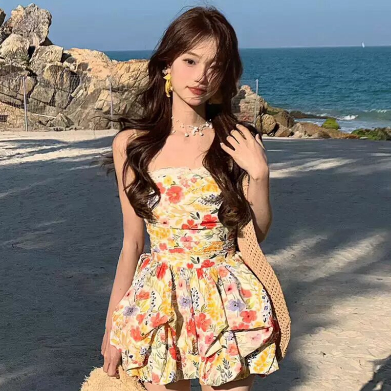 원본 것 있음 네리 프랑스식 달콤함 꽃무늬 슬립 해변가 휴가 레이스 조각 허리 수축 꽃밭 미니 스커트 여성