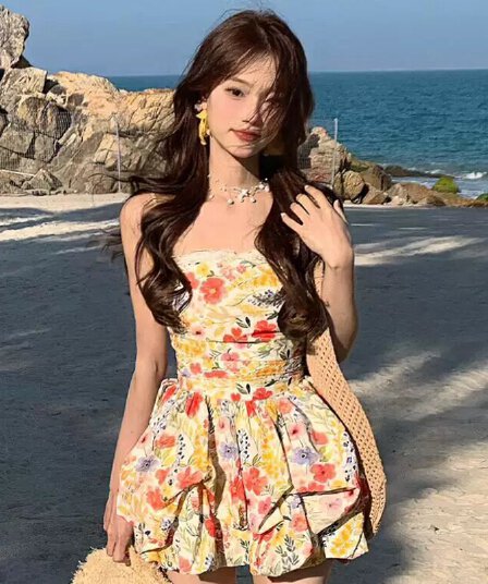 원본 것 있음 네리 프랑스식 달콤함 꽃무늬 슬립 해변가 휴가 레이스 조각 허리 수축 꽃밭 미니 스커트 여성