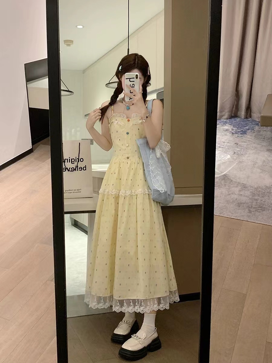 사탕 연인 프랑스식 부드러운 바람 롱 스커트 여성 여름 허리 수축 슬림해 보이는 레이스 조각 달콤함 슬립 여성 드레스
