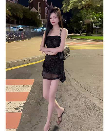 여름 프랑스식 고급 아름다운 검정색 잘 생긴 튜브탑 드레스 순수한 욕망 바람 품격 허리 수축 몸매 가꾸기 슬림해 보이는 미니 스커트