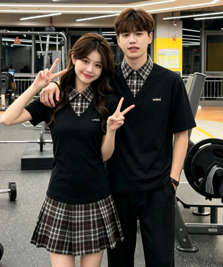 커플룩 학원 스타일 페이크 레이어드 허리 수축 슬림해 보이는 플리츠 드레스 작은 대중 디자인 POLO 칼라