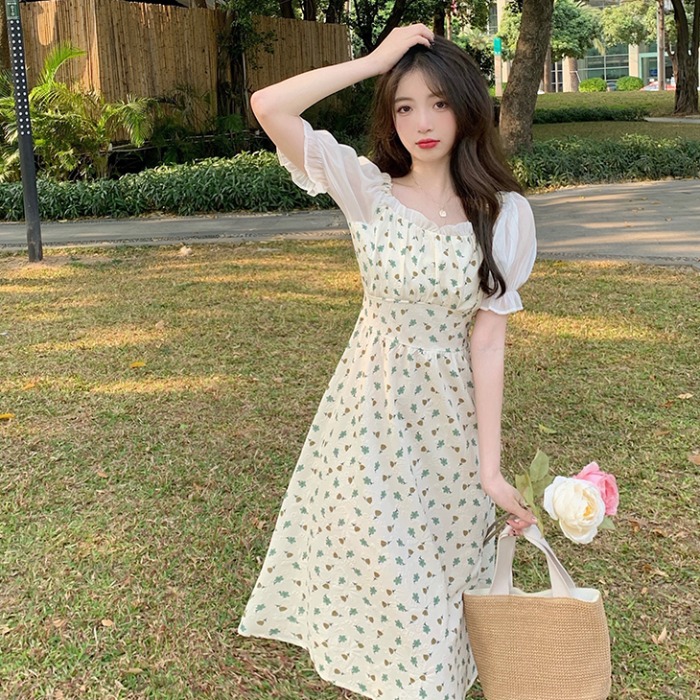 프랑스식 쉬폰 꽃무늬 슬립 여성 드레스 여름 새로운 디자인 센스 쇼트 스타일 부드러운 바람 품격 허리 수축