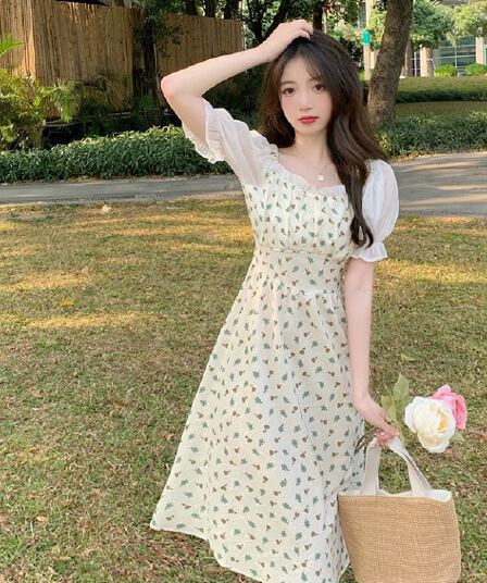 프랑스식 쉬폰 꽃무늬 슬립 여성 드레스 여름 새로운 디자인 센스 쇼트 스타일 부드러운 바람 품격 허리 수축
