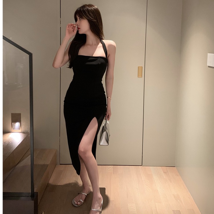 오프숄더 행침 목 프랑스식 슬립 드레스 여성 의류 여름 타이트 스커트 트임 중간 길이 스커트 고급 센스 품격 치마