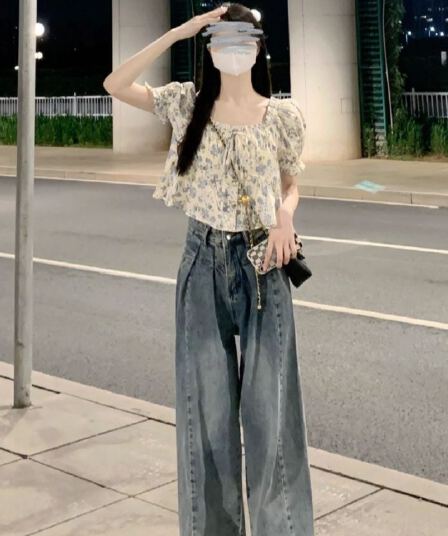아메리칸 레트로 높음 거리 하이웨이스트 넓은 다리 청바지 여성 루즈핏 스트레이트 슬림해 보이는 배 모양 몸 느긋한 도루 센스 바닥 청소