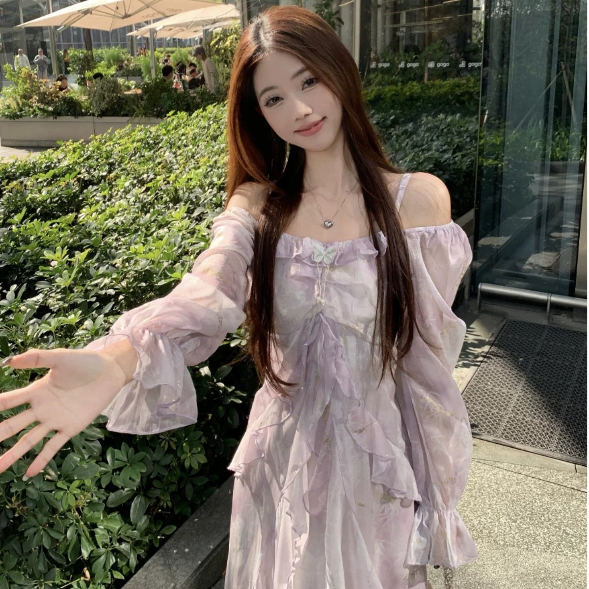 프랑스식 보라색 긴팔 슬립 드레스 여성 의류 봄 지방 mm 표지 배 슬림해 보이는 프릴 품격 롱 스커트