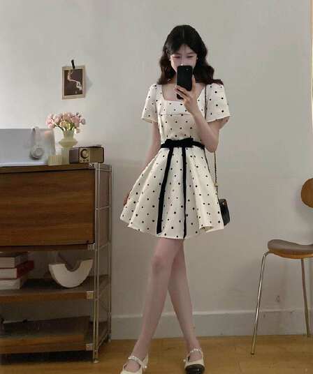 빅 사이즈 프랑스식 도트 무늬 여성 드레스 여름 지방 mm 휴가 바람 광장 칼라 허리 수축 A라인 스커트 화이트 품격 미니 스커트