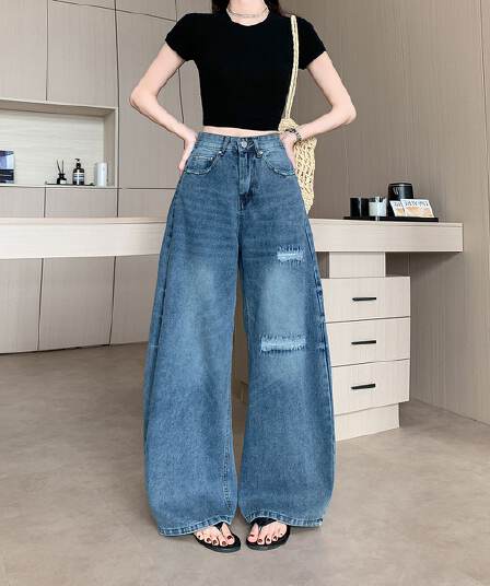 파란색 워싱 찢어진 부분 청바지 여성 여름 디자인 센스 캐주얼 바지 루즈핏 스트레이트 와이드 레그 팬츠